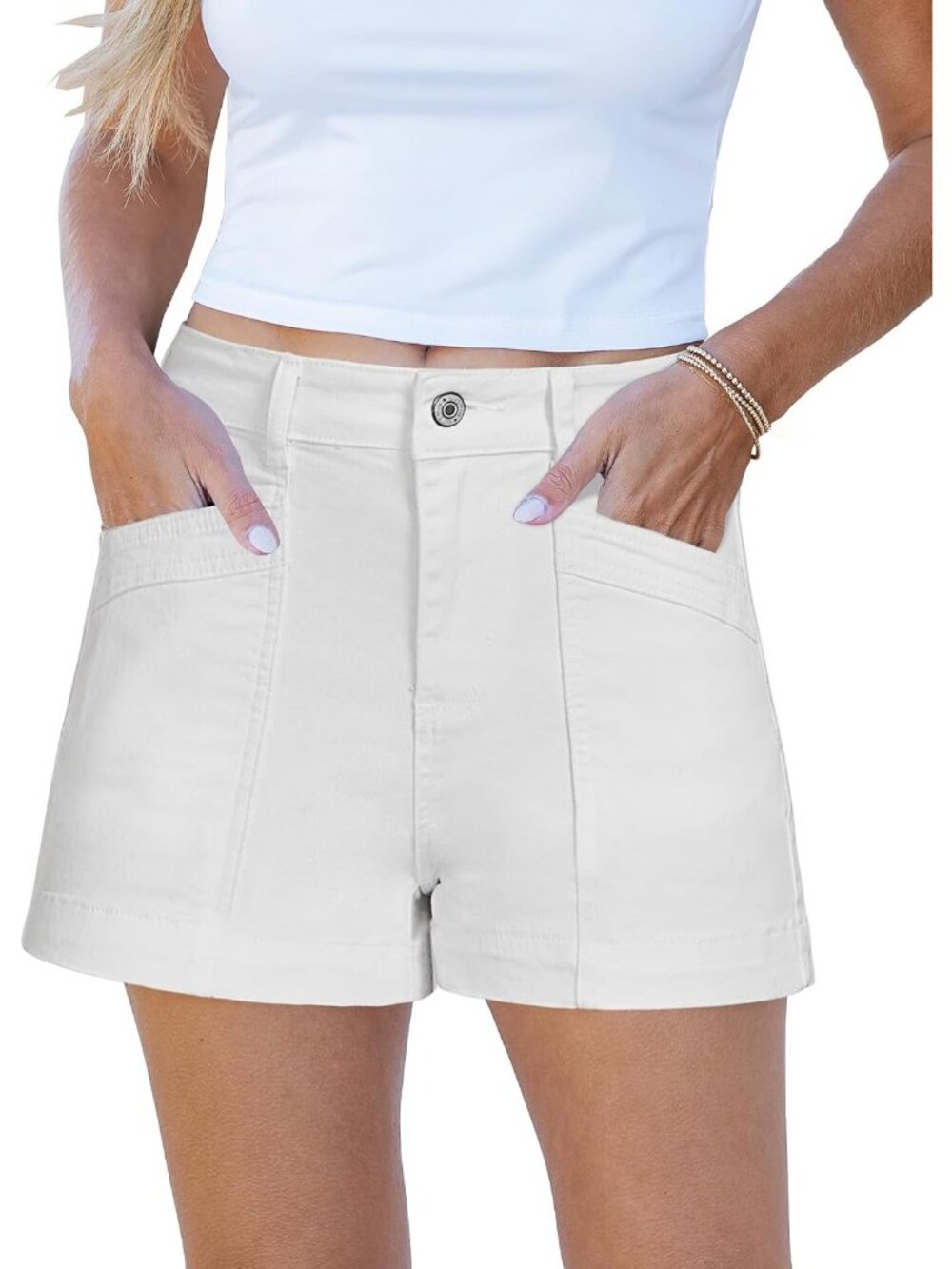 Women's Cream White High Waisted Stretchy Denim Jorts Stylish Shorts With Pocket